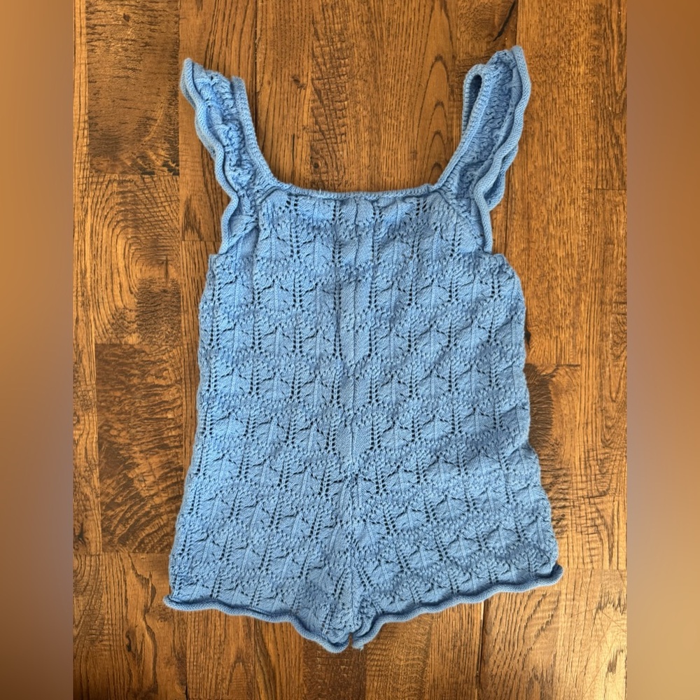 Zara Girls Crochet One Piece Short Romper Blue Scalloped Size 3 4 H